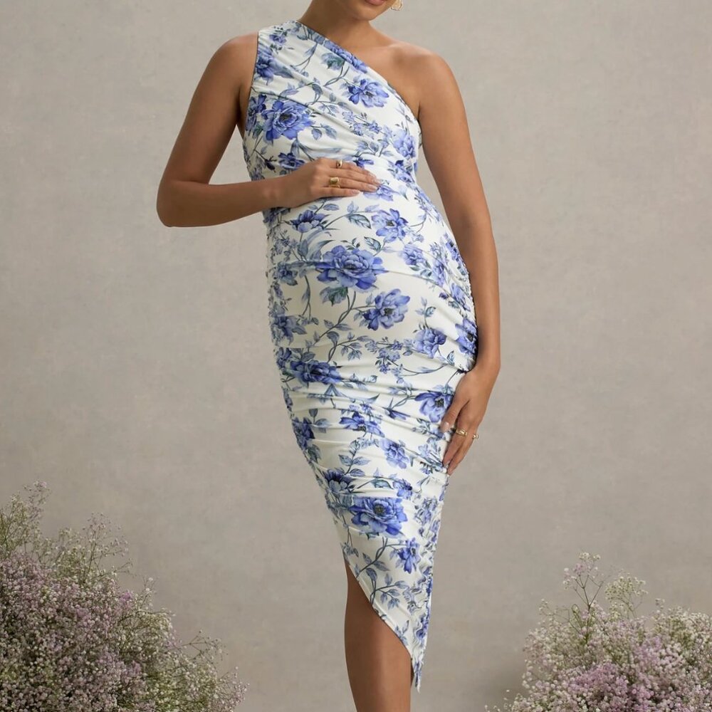 Club L London White One-Shoulder Blue Floral Midi Dress